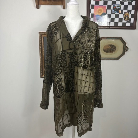 Coldwater Creek‎ Olive Green Sheer Burnout Button Down Shirt - Picture 2 of 7